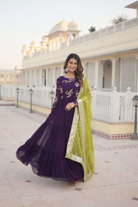 Purple Georgette Gown with Russian silk Dupatta With Adorable Embroidered thread work