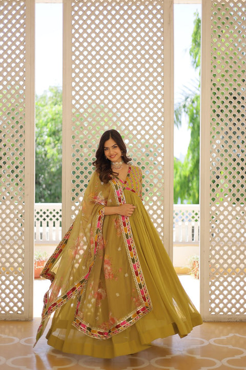 Yellow Premium Readymade Alia Cut Gown With Dupatta Set For Woman In USA