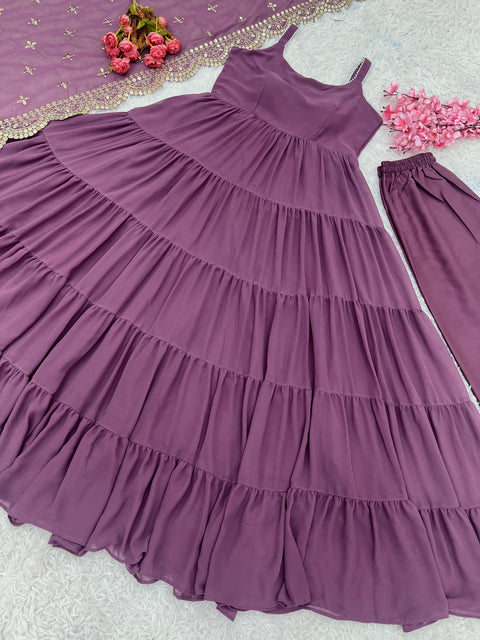 Presenting New Anarkali Faux Georgette Gown With With Fully 10 Meter Ruffle Flair For Women