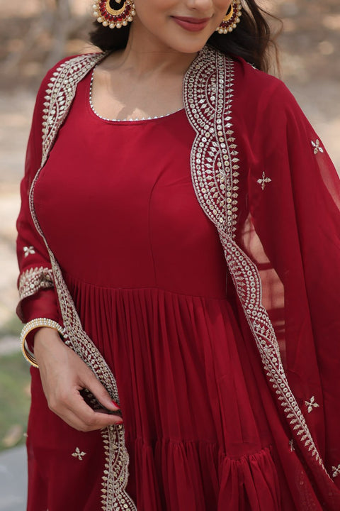 Red Desirable Women's Fully Flaired Gown Made With Faux Georgette Fabrics and Designer Embroidered Dupatta Dress For Woman