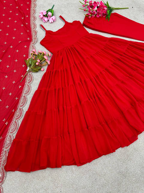 Red Faux Georgette Gown Ruffle Flair and Full Stitched With Dupatta For Woman