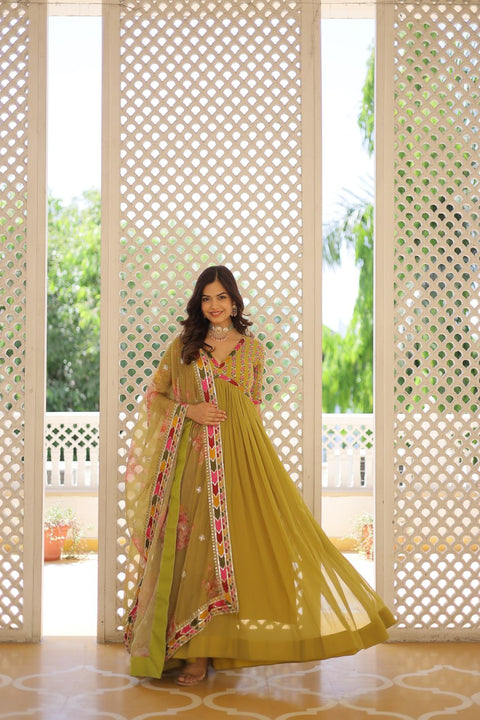 Yellow Premium Readymade Alia Cut Gown With Dupatta Set For Woman In USA