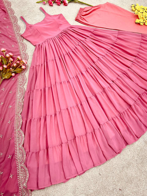 Pink Anarkali Faux Georgette Gown Ruffle Flair and Full Stitched With Dupatta For Woman