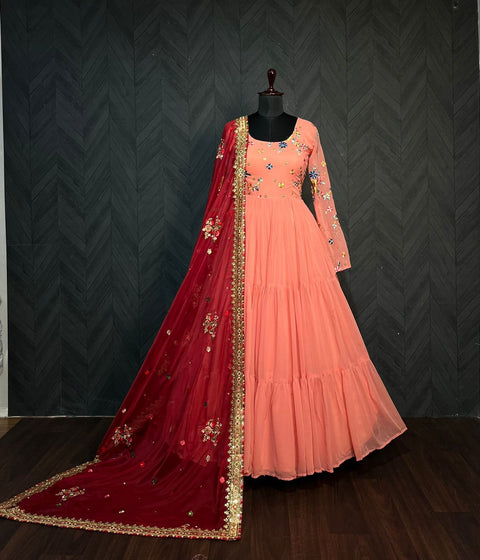 Faux Georgette Gown with Russian silk Dupatta With Adorable Embroidered thread workV for woman