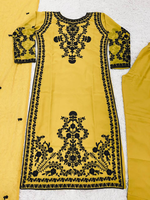 Yellow Party Wear Look New Top Bottom With Dupatta With Heavy Embroidery Work For Women