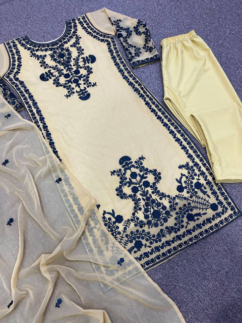 Off White Party Wear Look New Top Bottom With Dupatta With Heavy Embroidery Work For Women