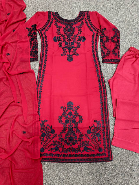 Red Party Wear Look New Top Bottom With Dupatta With Heavy Embroidery Work For Women