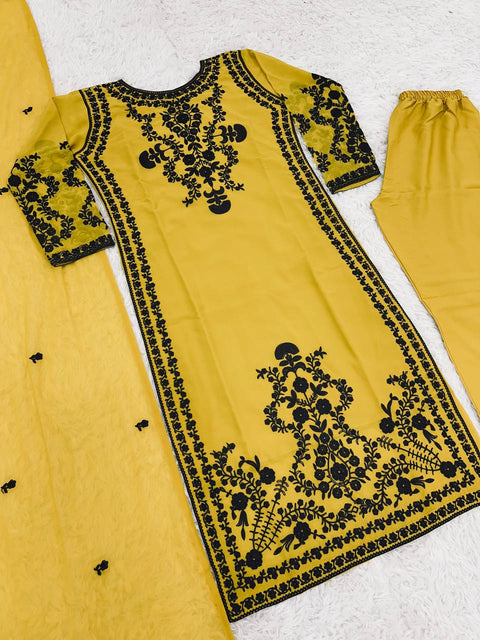 Yellow Party Wear Look New Top Bottom With Dupatta With Heavy Embroidery Work For Women