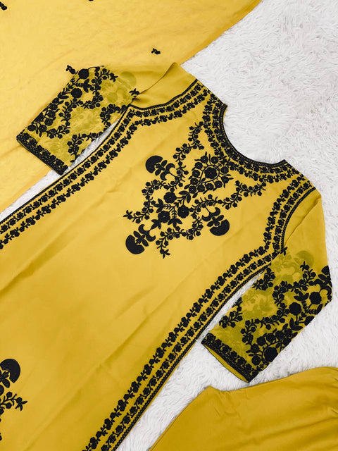 Yellow Party Wear Look New Top Bottom With Dupatta With Heavy Embroidery Work For Women