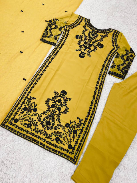 Yellow Party Wear Look New Top Bottom With Dupatta With Heavy Embroidery Work For Women