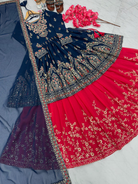 Graceful Red And Blue Heavy Faux Georgette Top Lehenga & Dupatta Set For Women In USA