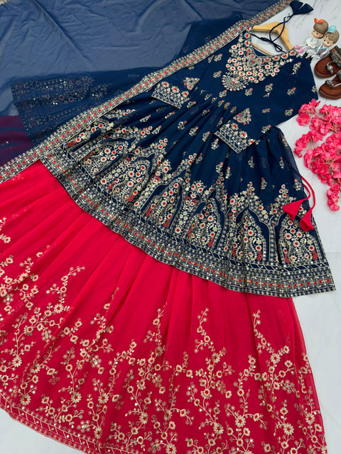 Graceful Red And Blue Heavy Faux Georgette Top Lehenga & Dupatta Set For Women In USA