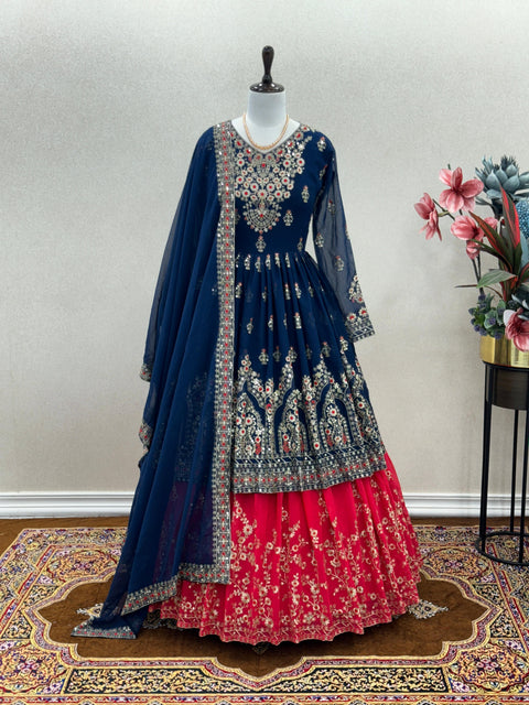 Graceful Red And Blue Heavy Faux Georgette Top Lehenga & Dupatta Set For Women In USA