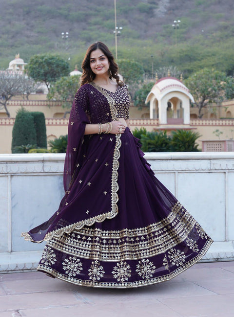 Purple Sparkle in every step with a Gorgeous Georgette Flared Lehenga with Sequins and embroidered Work.