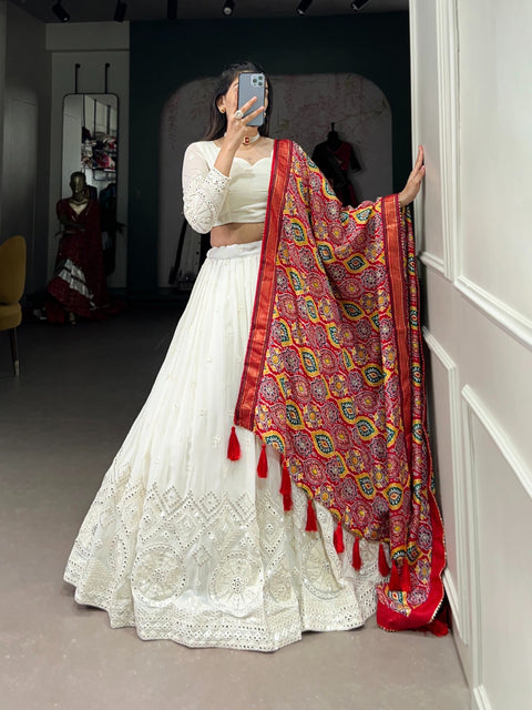 Experience timeless elegance with this beautiful lucknowi paper mirror work lehenga for women