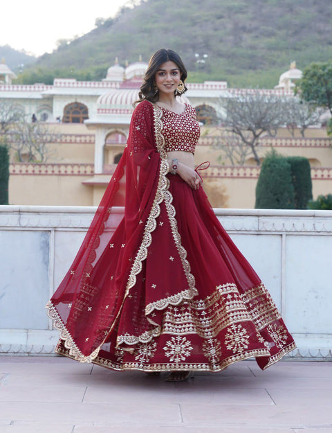 Red Sparkle in every step with a Gorgeous Georgette Flared Lehenga with Sequins and embroidered Work.