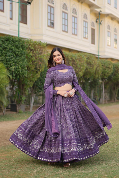 Elevate your style with Onion Coloured Faux Georgette Lehenga Choli With Dupatta Set