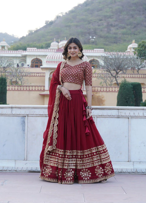 Red Sparkle in every step with a Gorgeous Georgette Flared Lehenga with Sequins and embroidered Work.