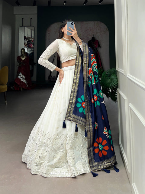 Experience timeless elegance with this beautiful lucknowi paper mirror work lehenga for women