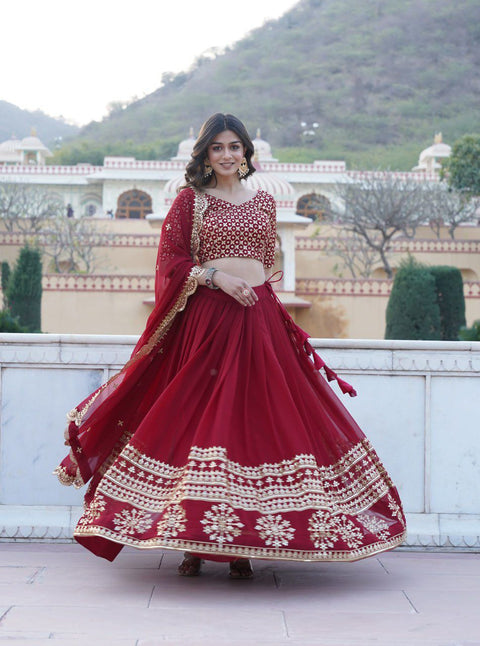 Red Sparkle in every step with a Gorgeous Georgette Flared Lehenga with Sequins and embroidered Work.