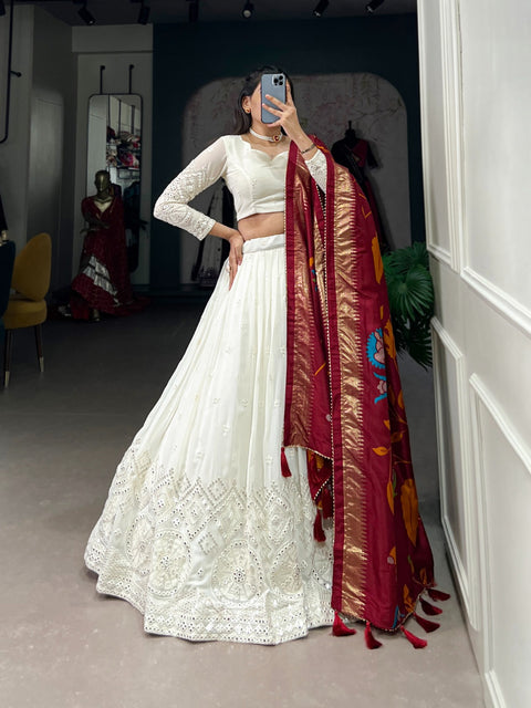 Experience timeless elegance with this beautiful lucknowi paper mirror work lehenga for women