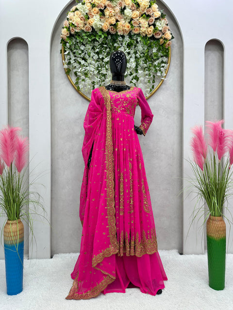 Georgette Pink Color Party Wear Look Fancy Top-Dupatta and Fully Stitched Sharara For Women