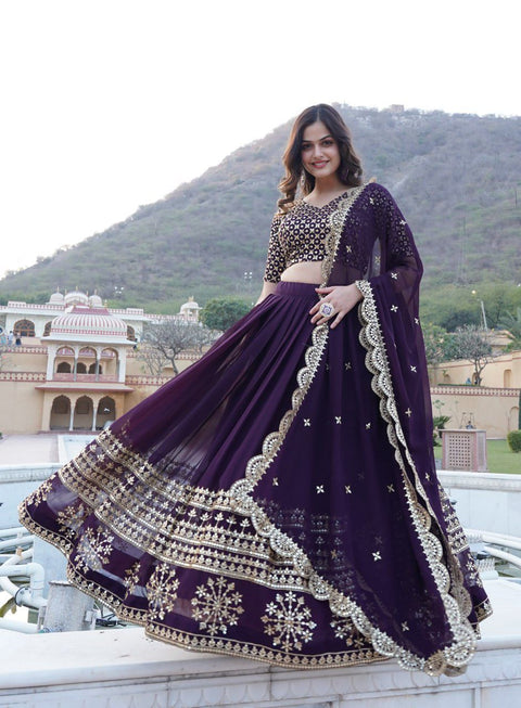 Purple Sparkle in every step with a Gorgeous Georgette Flared Lehenga with Sequins and embroidered Work.