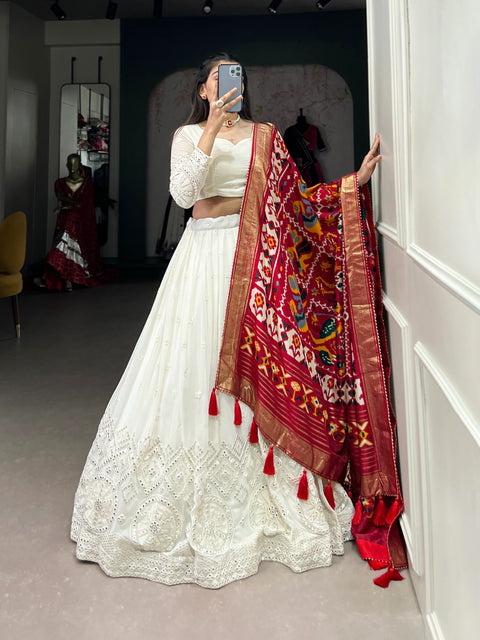 Experience timeless elegance with this beautiful lucknowi paper mirror work lehenga for women