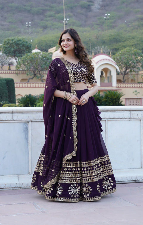 Purple Sparkle in every step with a Gorgeous Georgette Flared Lehenga with Sequins and embroidered Work.