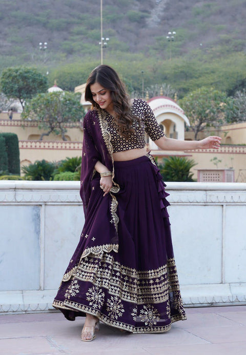 Purple Sparkle in every step with a Gorgeous Georgette Flared Lehenga with Sequins and embroidered Work.