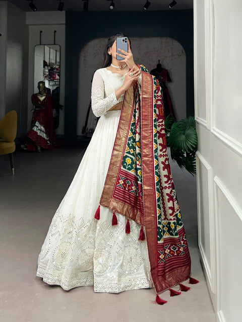 Experience timeless elegance with this beautiful lucknowi paper mirror work lehenga for women