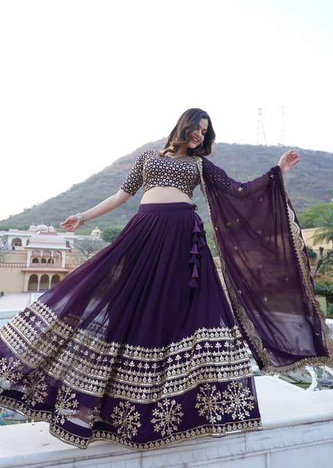 Purple Sparkle in every step with a Gorgeous Georgette Flared Lehenga with Sequins and embroidered Work.