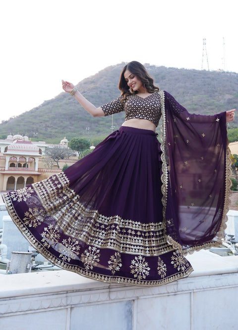 Purple Sparkle in every step with a Gorgeous Georgette Flared Lehenga with Sequins and embroidered Work.