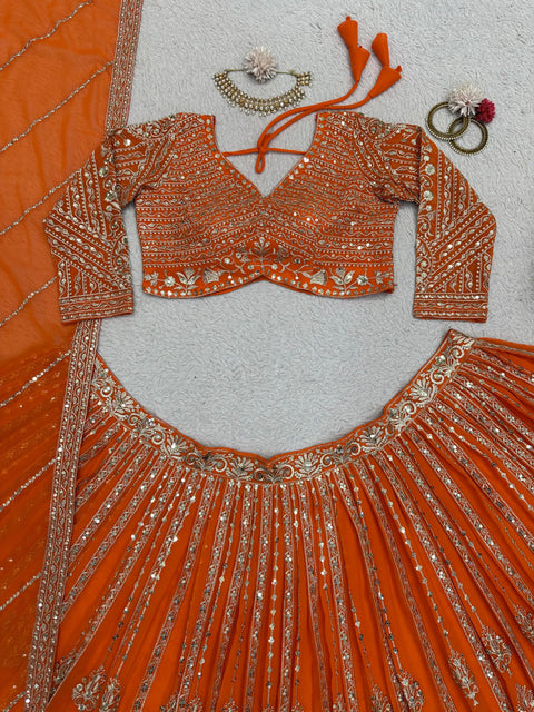 Orange Heavy Embroidered Sequnce Lehenga Choli For Women in USA