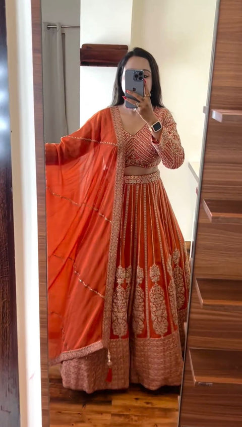 Orange Heavy Embroidered Sequnce Lehenga Choli For Women in USA