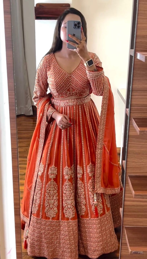 Orange Heavy Embroidered Sequnce Lehenga Choli For Women in USA