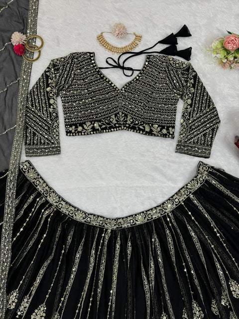 Black Heavy Embroidered Sequnce Lehenga Choli For Women