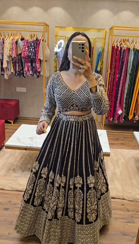 Black Heavy Embroidered Sequnce Lehenga Choli For Women