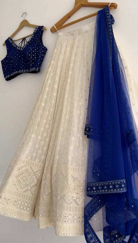 White & Blue Partywear Lehenga Choli For Women In Usa Indian Wedding Lehenga Choli