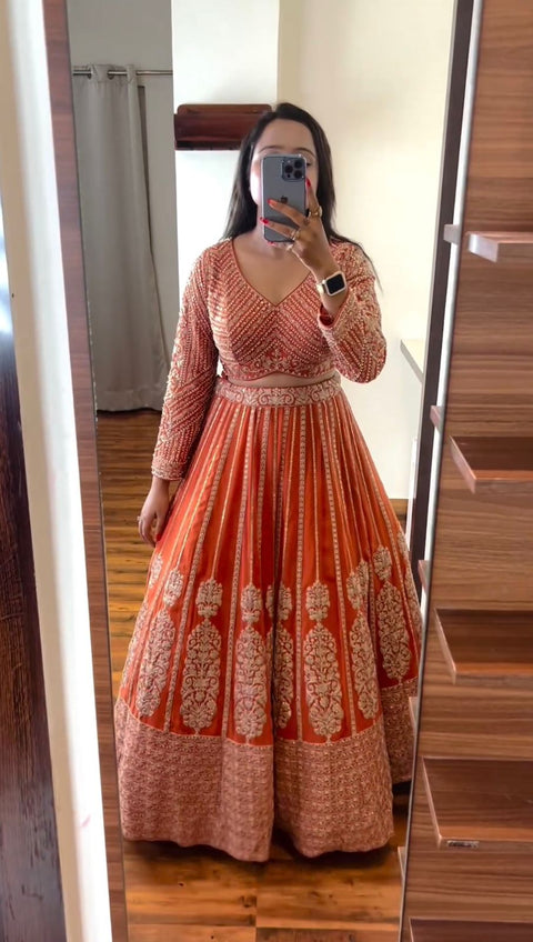 Orange Heavy Embroidered Sequnce Lehenga Choli For Women in USA