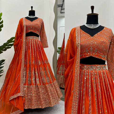 Orange Heavy Embroidered Sequnce Lehenga Choli For Women in USA