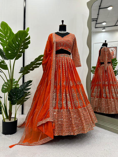 Orange Heavy Embroidered Sequnce Lehenga Choli For Women in USA