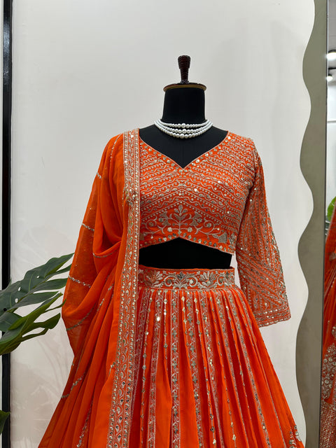 Orange Heavy Embroidered Sequnce Lehenga Choli For Women in USA