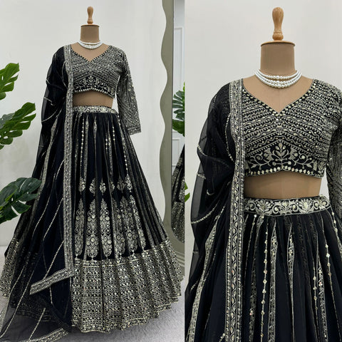 Black Heavy Embroidered Sequnce Lehenga Choli For Women