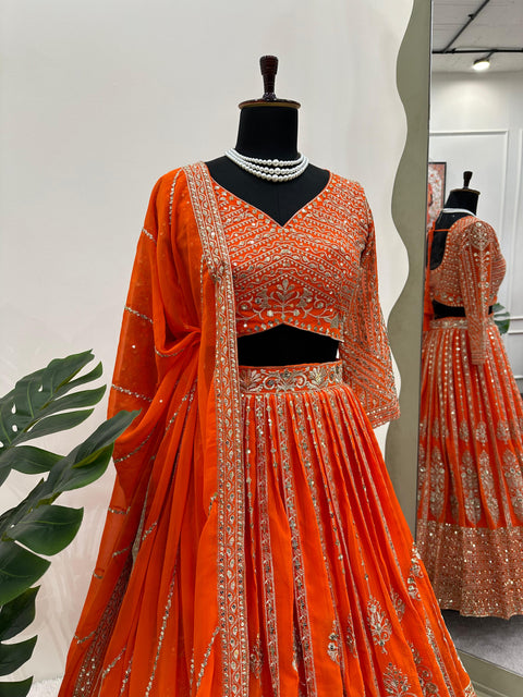 Orange Heavy Embroidered Sequnce Lehenga Choli For Women in USA