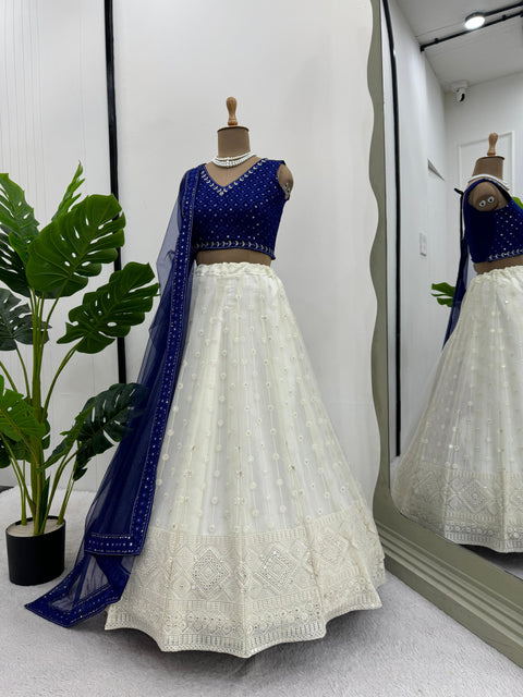 White & Blue Partywear Lehenga Choli For Women In Usa Indian Wedding Lehenga Choli