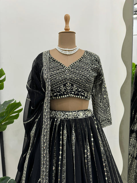 Black Heavy Embroidered Sequnce Lehenga Choli For Women