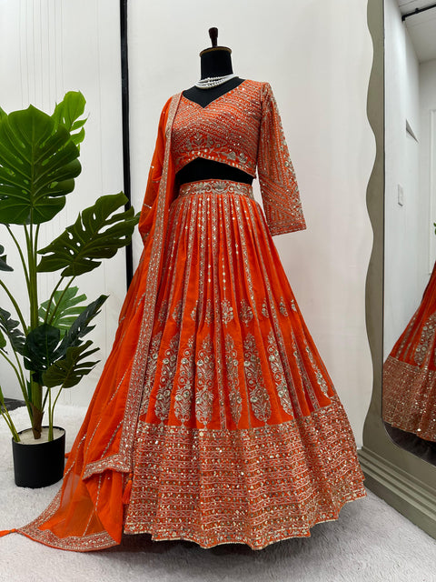 Orange Heavy Embroidered Sequnce Lehenga Choli For Women in USA