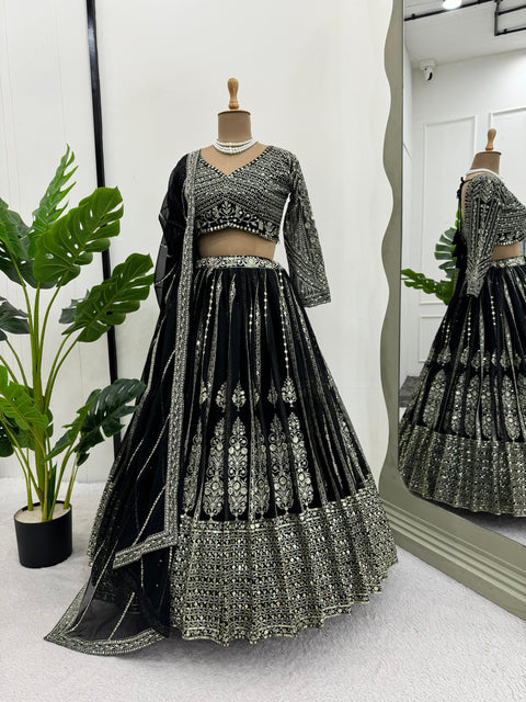 Black Heavy Embroidered Sequnce Lehenga Choli For Women