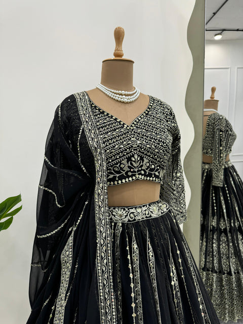 Black Heavy Embroidered Sequnce Lehenga Choli For Women